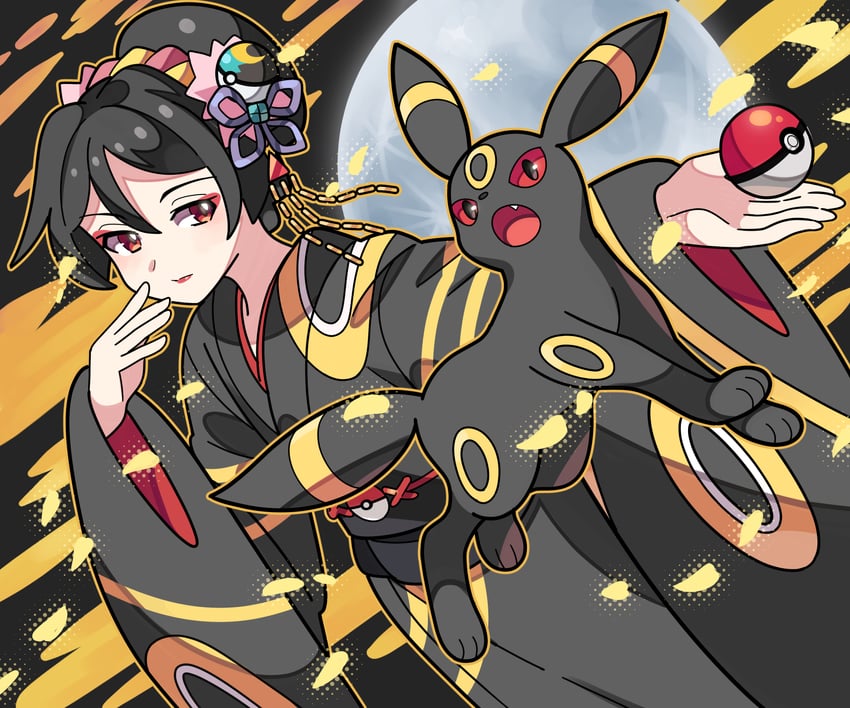 umbreon and kimono girl (pokemon and 2 more) drawn by sutokame