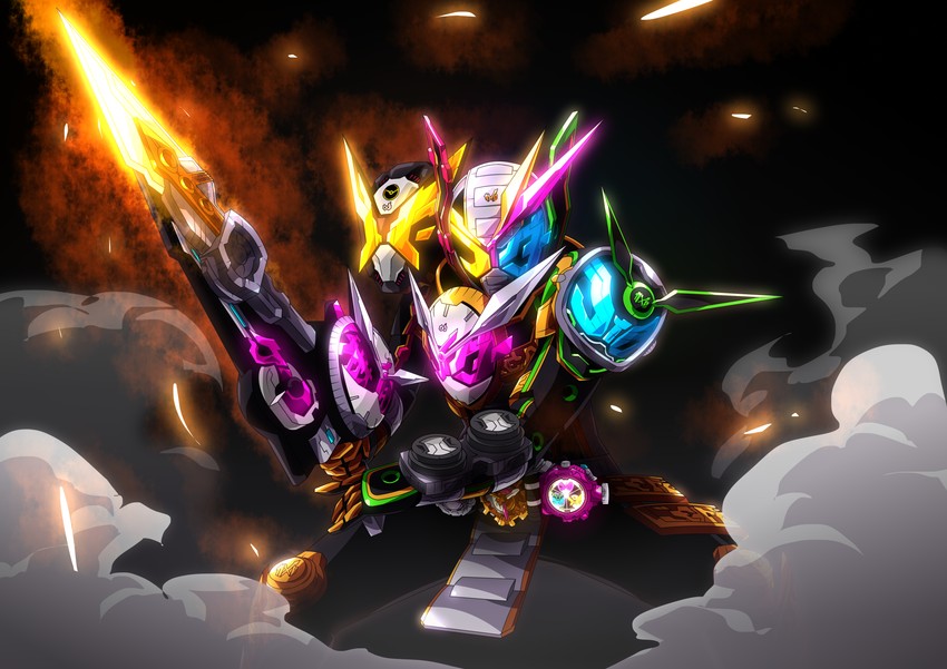 kamen rider zi-o, kamen rider geiz, kamen rider woz, and kamen rider zi-o trinity (kamen rider and 1 more) drawn by otokamu
