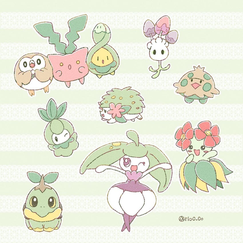 rowlet, shaymin, turtwig, hoppip, budew, and 5 more (pokemon) drawn by rio_(rio0v0o)