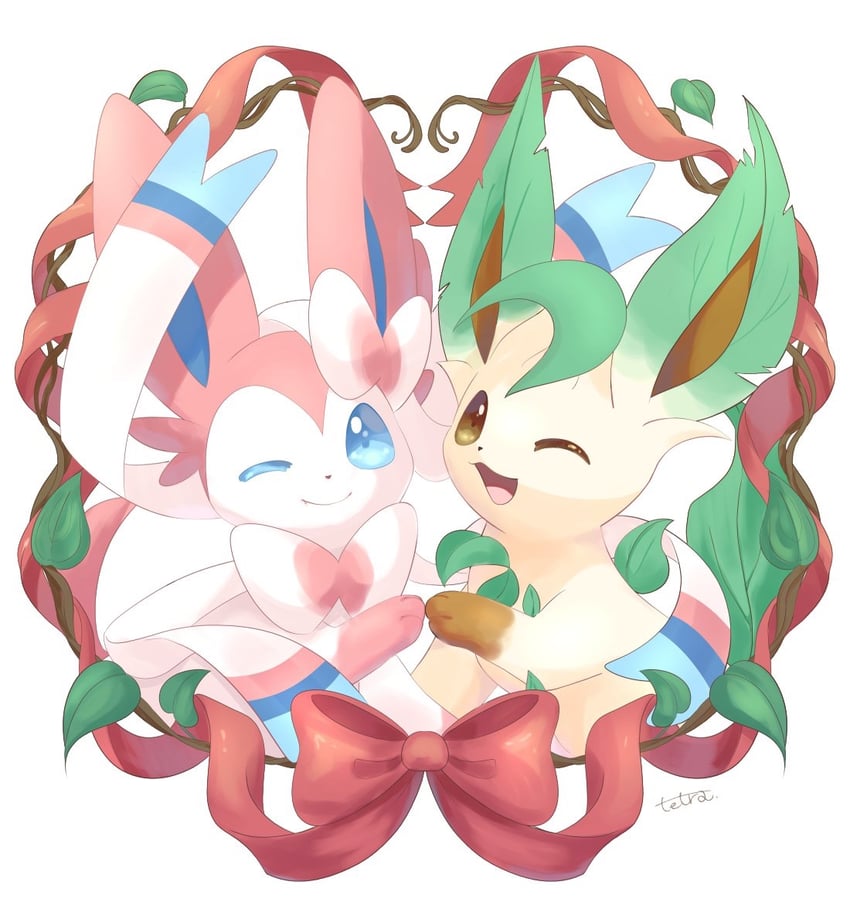 sylveon and leafeon (pokemon) drawn by tet1121