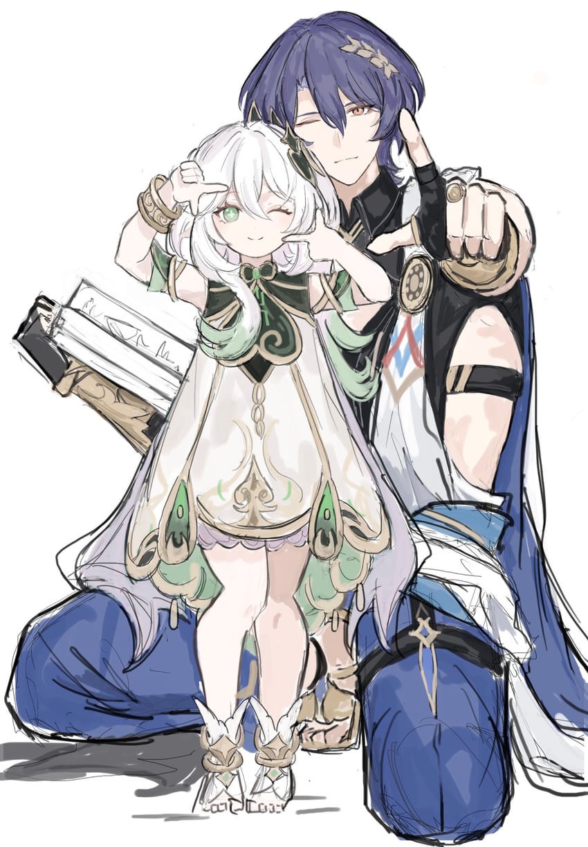 nahida and dr. ratio (genshin impact and 3 more) drawn by f_ron
