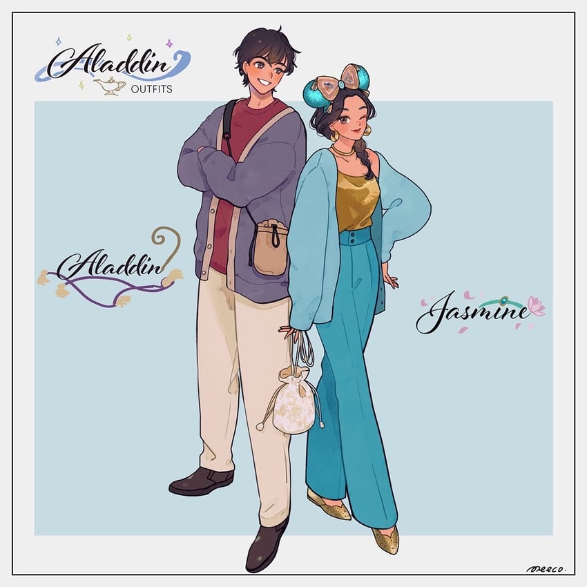 minnie mouse, jasmine, and aladdin (disneyland and 1 more) drawn by meecosme