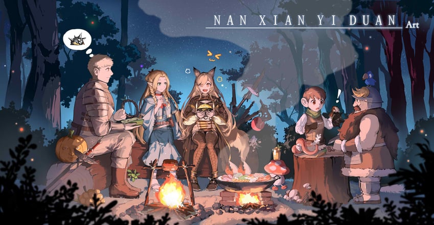 marcille donato, laios touden, senshi, chilchuck tims, ceobe, and 2 more (arknights and 1 more) drawn by nanxianyiduan