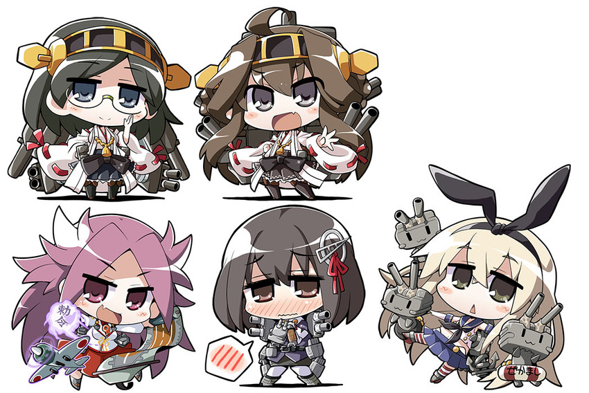 shimakaze, kongou, rensouhou-chan, kirishima, haguro, and 1 more (kantai collection) drawn by akaneya