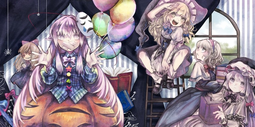 kirisame marisa, alice margatroid, patchouli knowledge, shanghai doll, and hata no kokoro (touhou) drawn by sanso