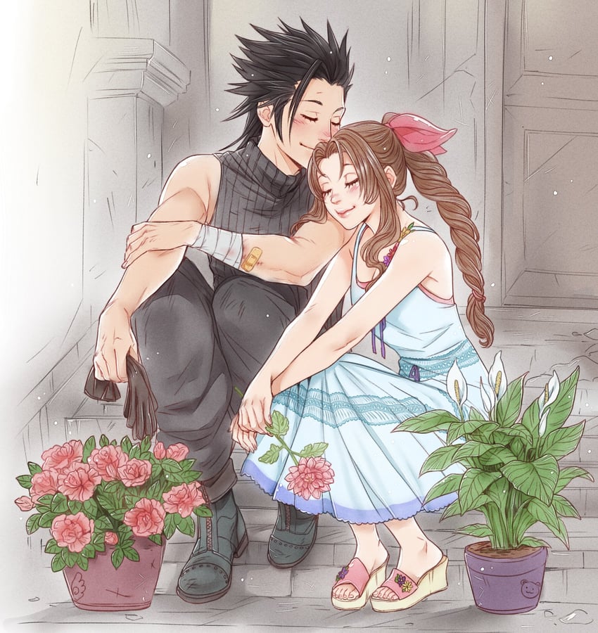 aerith gainsborough and zack fair (final fantasy and 2 more) drawn by crylin6
