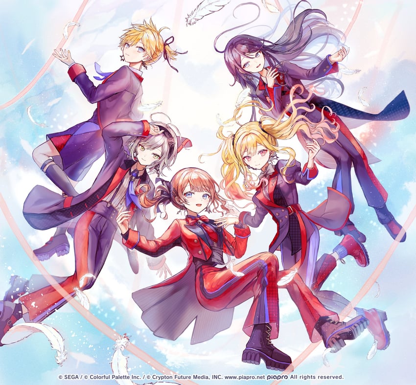 kagamine len, tenma saki, hoshino ichika, mochizuki honami, hinomori shiho, and 1 more (vocaloid and 1 more) drawn by pipi_(pipinavigation)