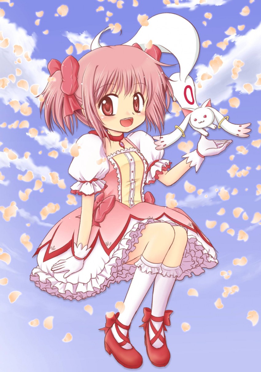 kaname madoka and kyubey (mahou shoujo madoka magica) drawn by akihara_ryou