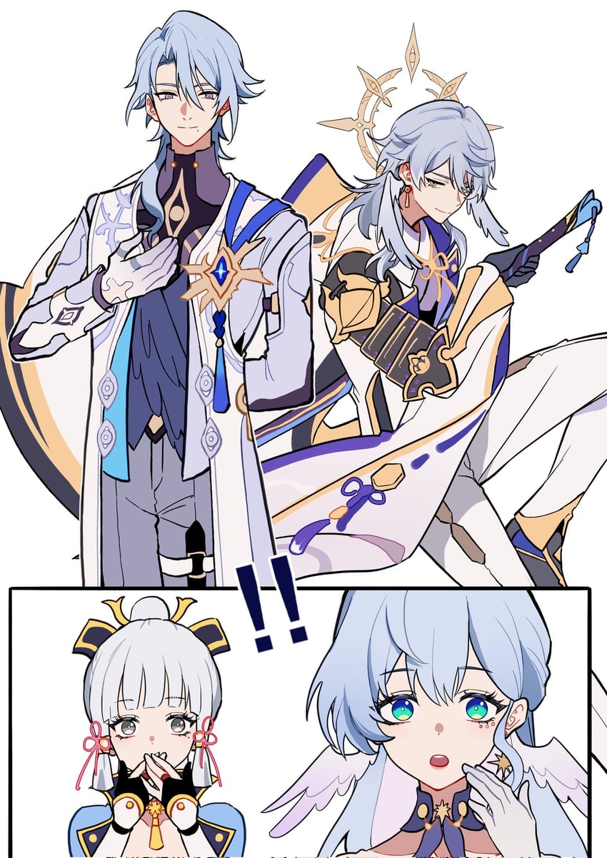 kamisato ayaka, robin, sunday, and kamisato ayato (genshin impact and 3 more) drawn by yuelinpanp98413