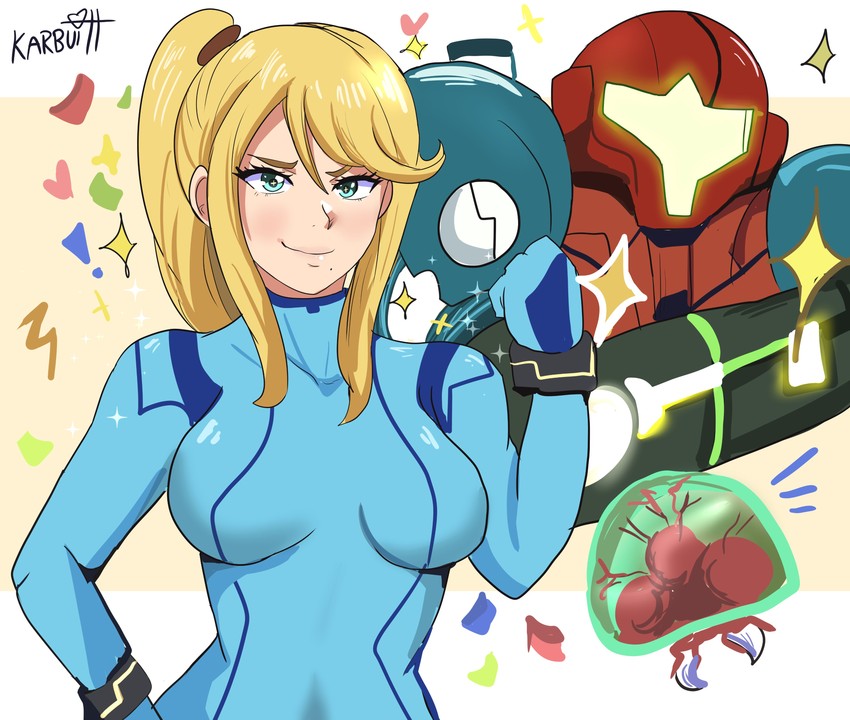 samus aran, metroid, and metroid larva (super smash bros. and 2 more) drawn by karbuitt