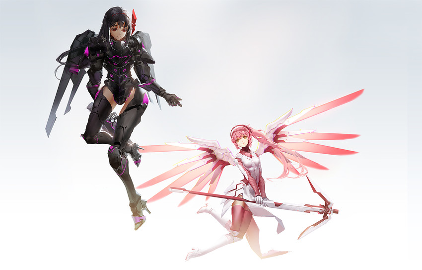 akemi homura, kaname madoka, mercy, and pharah (mahou shoujo madoka magica and 2 more) drawn by blackrabbitsoul