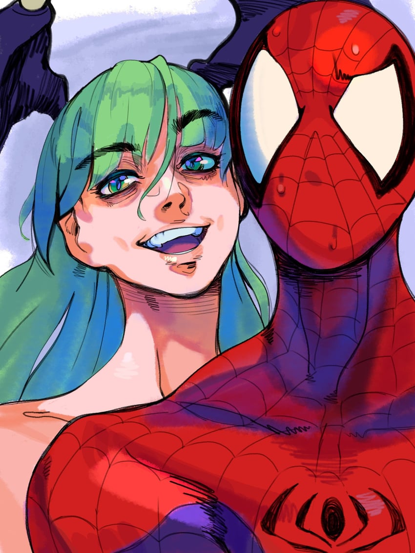morrigan aensland and spider-man (marvel and 3 more) drawn by relusionh