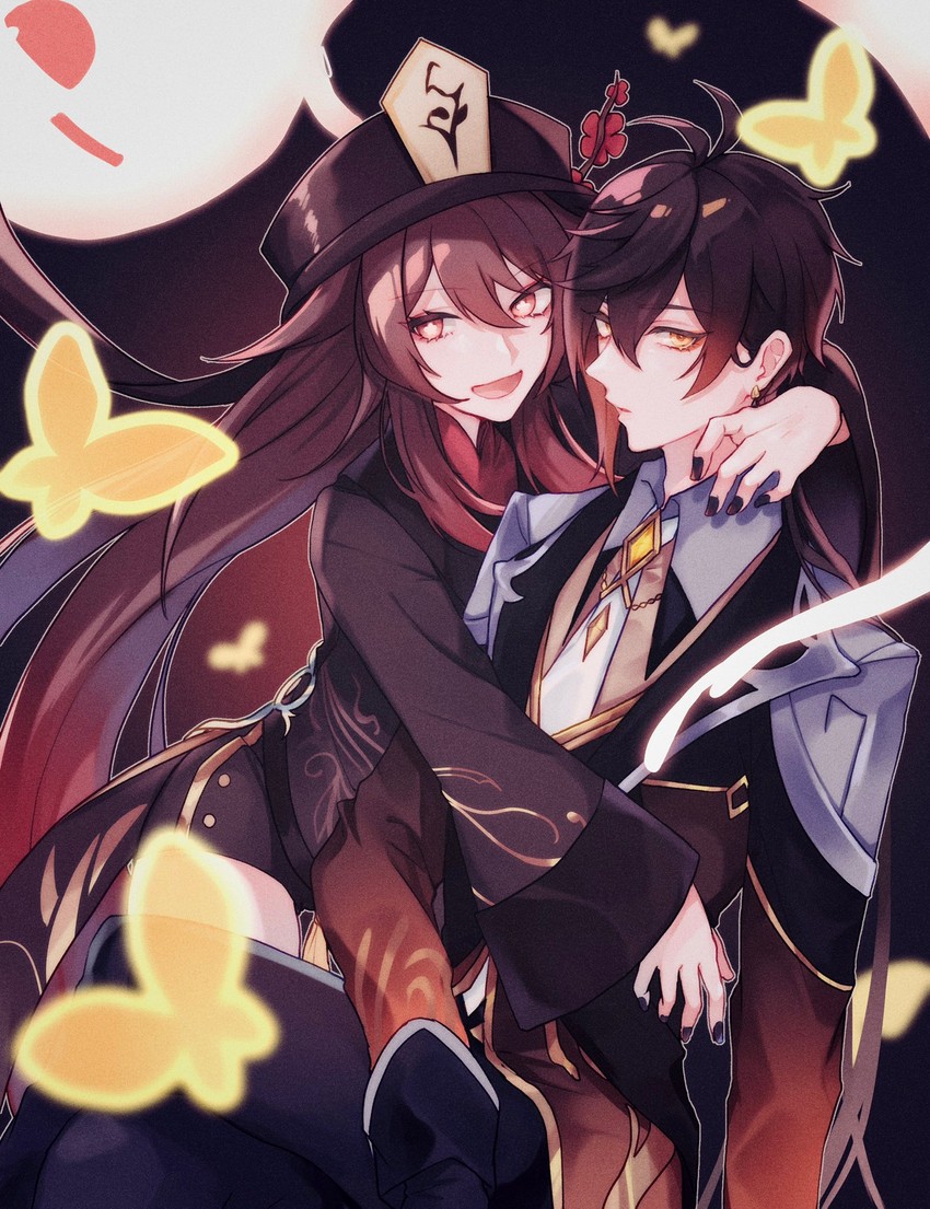 hu tao, zhongli, and boo tao (genshin impact) drawn by hk45_x