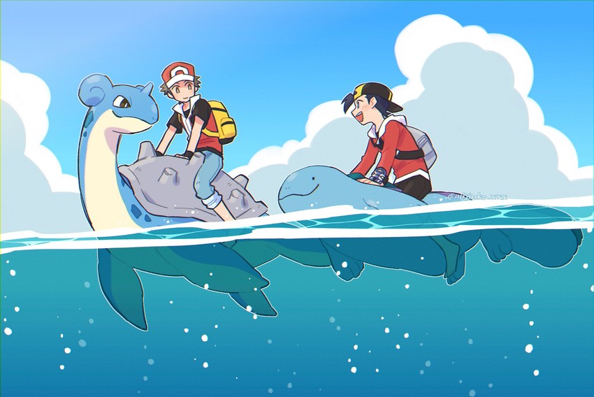red, ethan, lapras, and quagsire (pokemon and 2 more) drawn by miji_(mijinkokko)