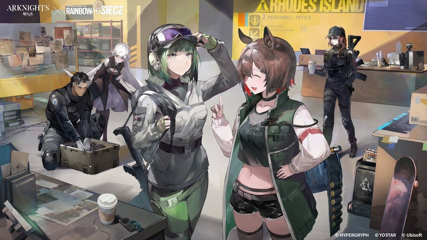 warfarin, ela, ash, catapult, and doc (arknights and 1 more) drawn by huan_shi_tian_tong