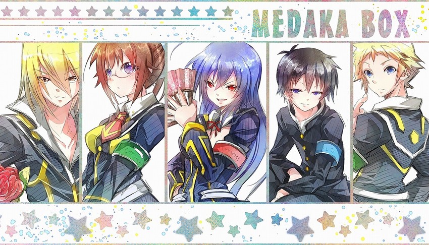 kurokami medaka, kumagawa misogi, hitoyoshi zenkichi, kikaijima mogana, and akune kouki (medaka box) drawn by maruo_(mokurentenpu)