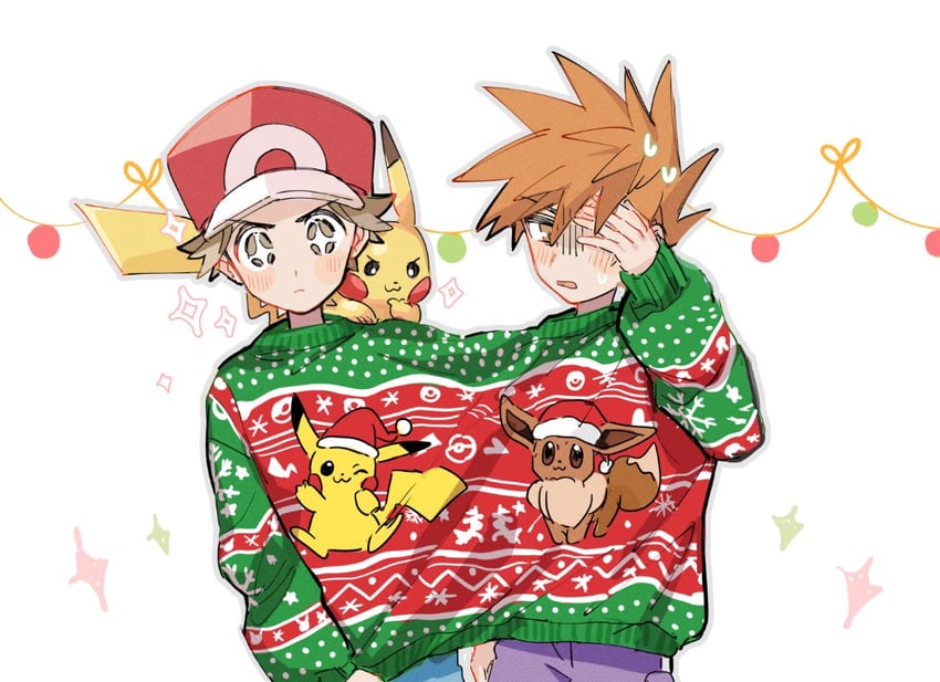 pikachu, red, eevee, and blue oak (pokemon and 1 more) drawn by huan_li