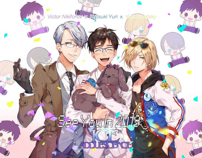 katsuki yuuri, viktor nikiforov, yuri plisetsky, and vicchan (yuri!!! on ice and 1 more) drawn by dolce_(2455485736)