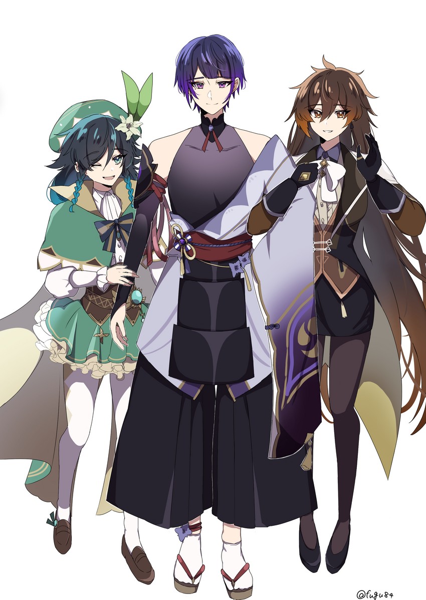 raiden shogun, zhongli, and venti (genshin impact) drawn by hiyokorian_(fugutarou)