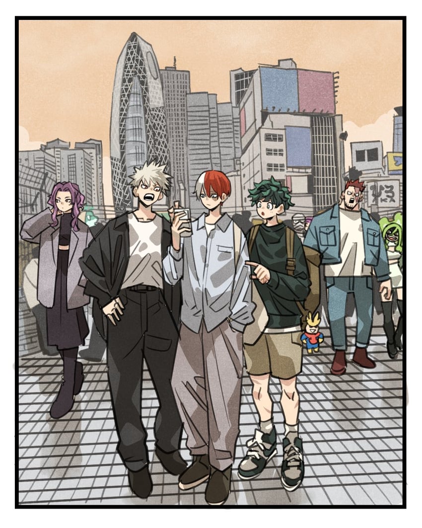 midoriya izuku, bakugou katsuki, todoroki shoto, endeavor, all might, and 2 more (boku no hero academia) drawn by takeuchi_ryousuke