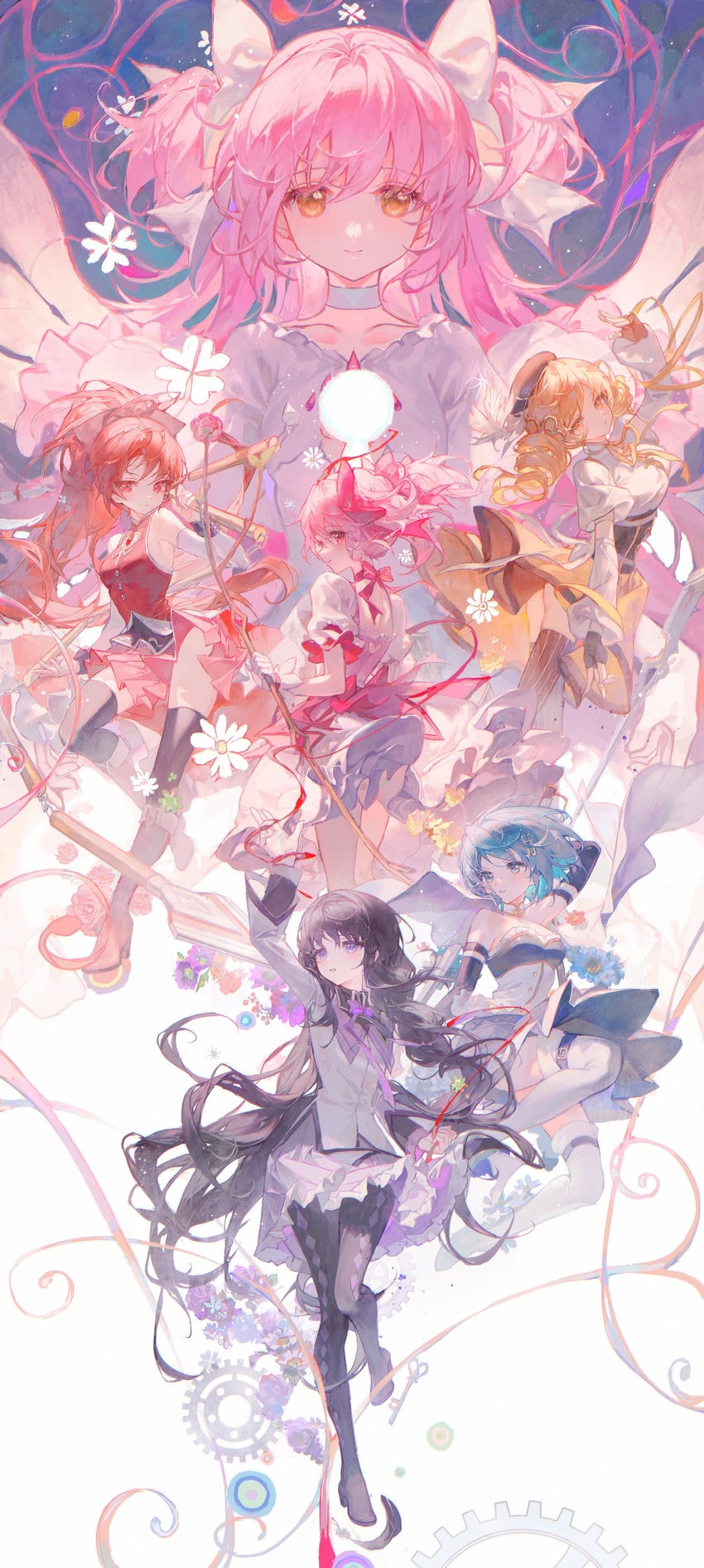 akemi homura, kaname madoka, miki sayaka, sakura kyoko, tomoe mami, and 1 more (mahou shoujo madoka magica) drawn by maccha_(mochancc)