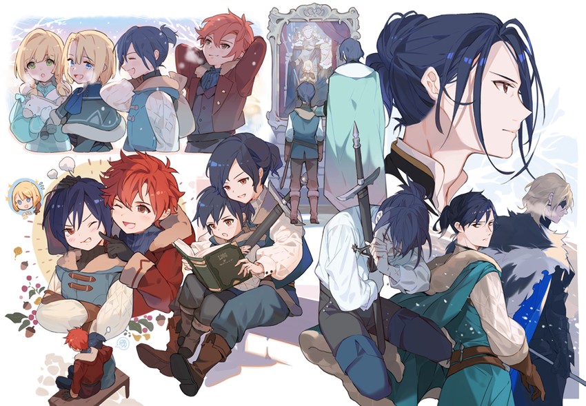 dimitri alexandre blaiddyd, ingrid brandl galatea, sylvain jose gautier, felix hugo fraldarius, and rodrigue achille fraldarius (fire emblem and 1 more) drawn by lirica