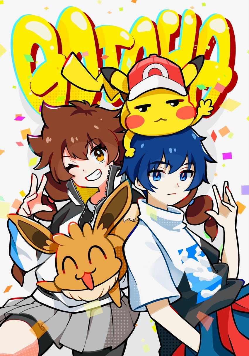 pikachu, eevee, gotcha! girl, and gotcha! boy (pokemon and 1 more) drawn by mentarakooo