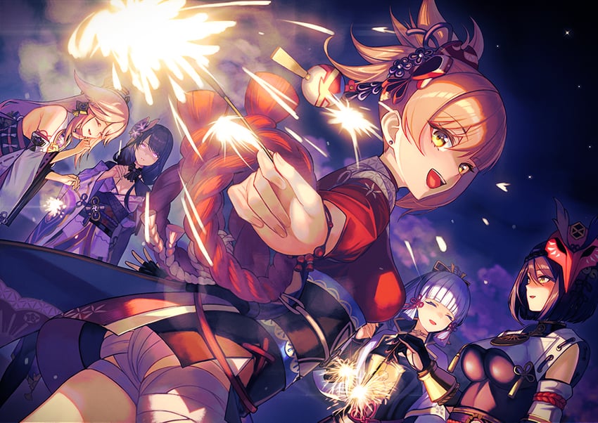 raiden shogun, yae miko, kamisato ayaka, yoimiya, and kujou sara (genshin impact) drawn by unowen