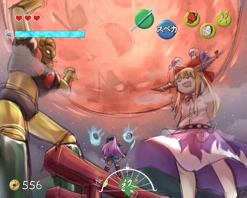 ibuki suika, hata no kokoro, solrock, and hisou tensoku (touhou and 3 more) drawn by tatsumoto