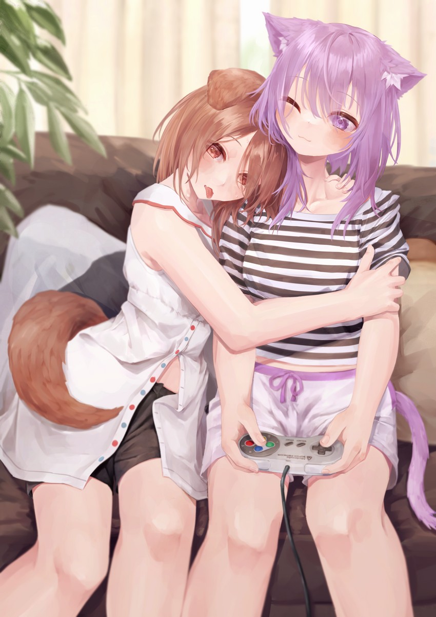 nekomata okayu and inugami korone (hololive) drawn by nanome_to