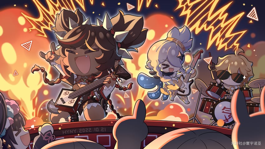 aether, paimon, yun jin, and xinyan (genshin impact) drawn by hyny