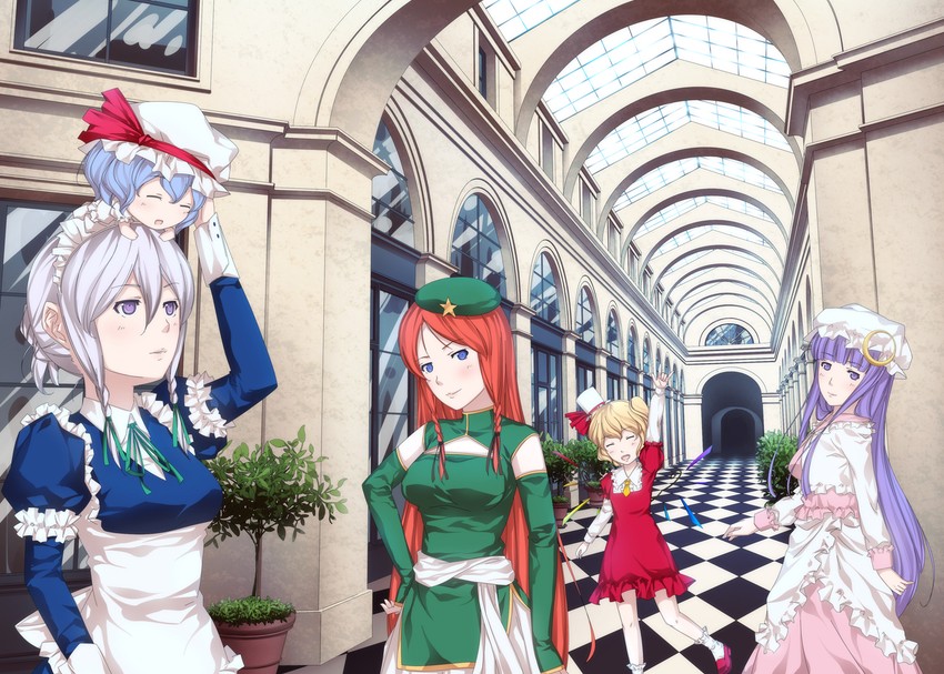 remilia scarlet, flandre scarlet, izayoi sakuya, patchouli knowledge, and hong meiling (touhou) drawn by ayasaka