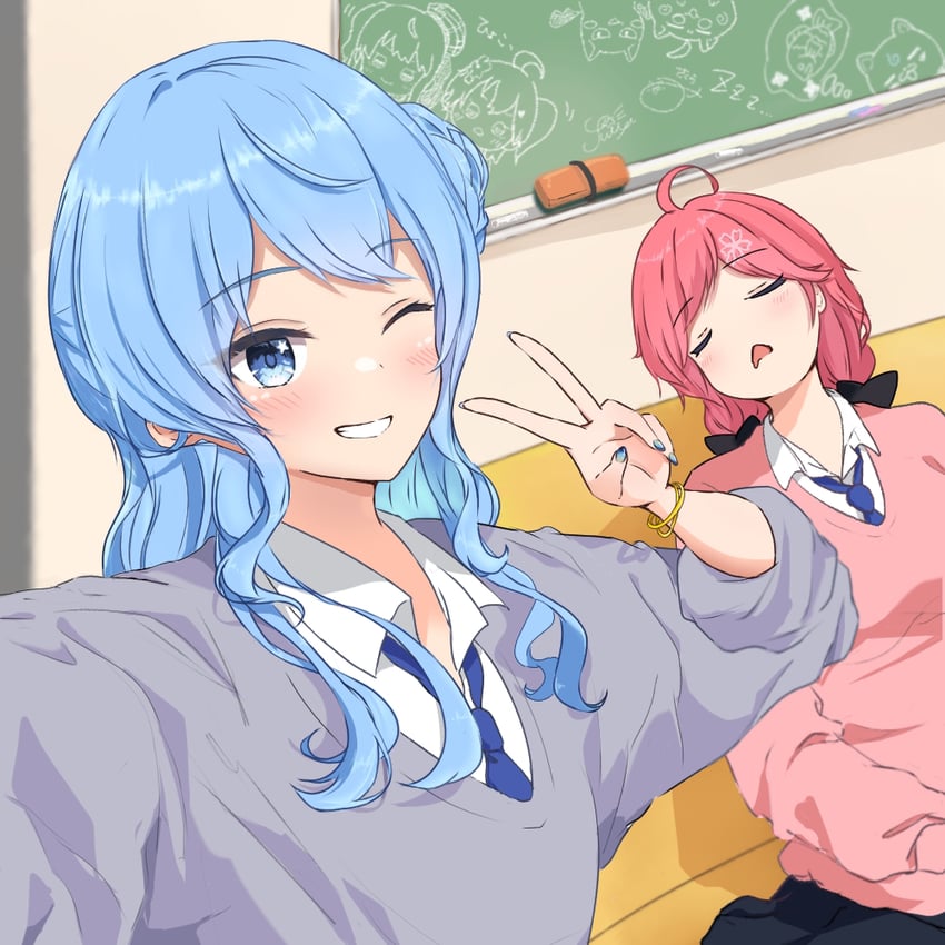 hoshimachi suisei, sakura miko, 35p, maguchi, and takoyaki (hololive and 1 more) drawn by oninoki