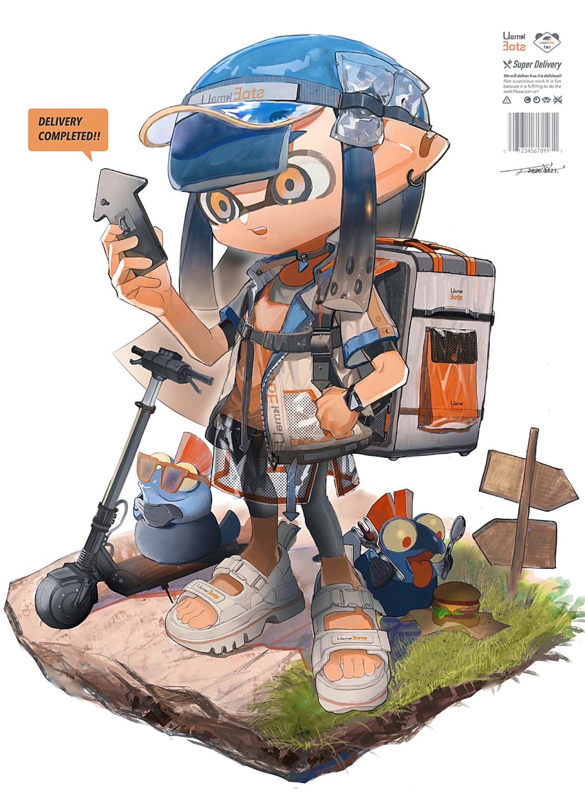 inkling player character, inkling girl, and smallfry (splatoon and 1 more) drawn by hossi
