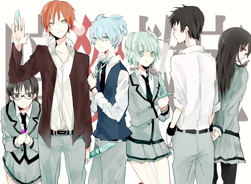 shiota nagisa, akabane karma, kayano kaede, okuda manami, sugino tomohito, and 1 more (ansatsu kyoushitsu) drawn by urahinon