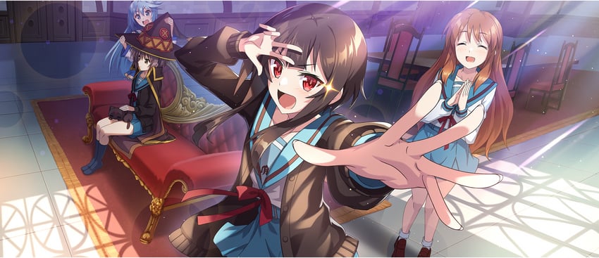 megumin, nagato yuki, aqua, asahina mikuru, and chomusuke (suzumiya haruhi no yuuutsu and 2 more)