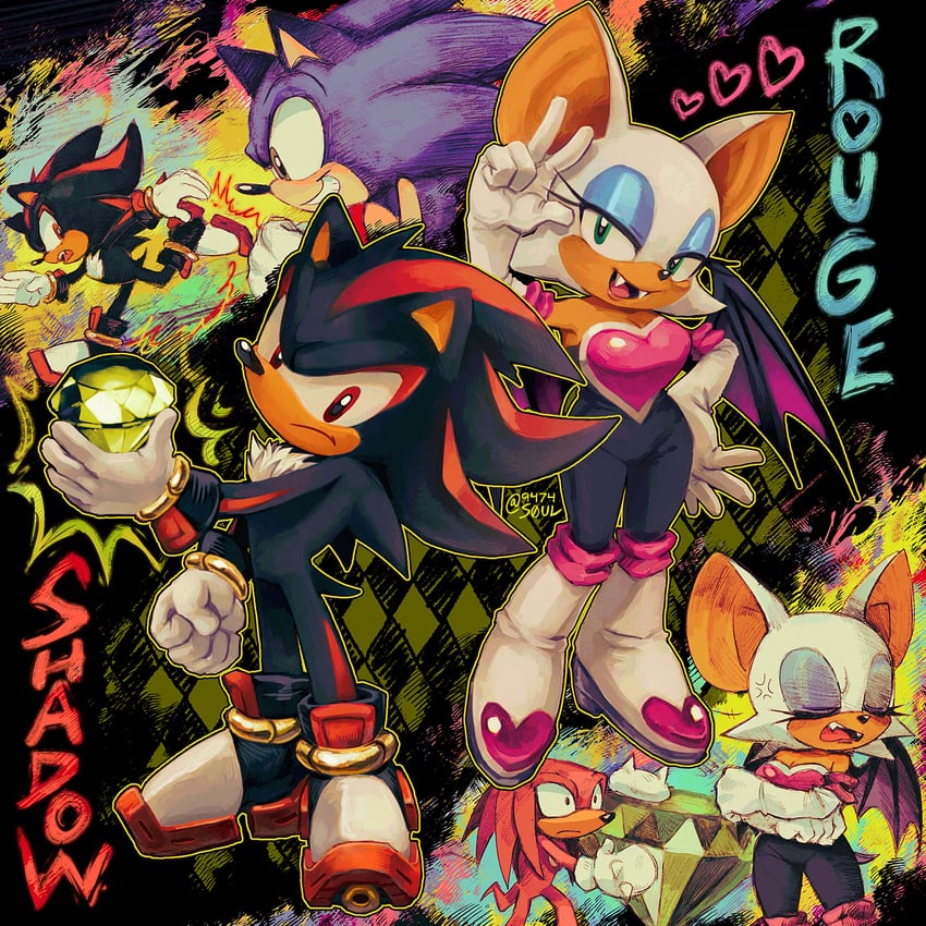 sonic the hedgehog, shadow the hedgehog, rouge the bat, and knuckles the echidna (sonic and 1 more) drawn by 9474s0ul