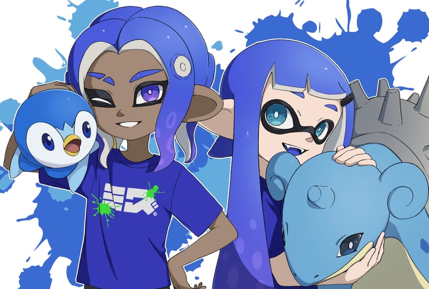 inkling player character, inkling girl, octoling player character, piplup, octoling boy, and 1 more (pokemon and 2 more) drawn by minato_yodaka