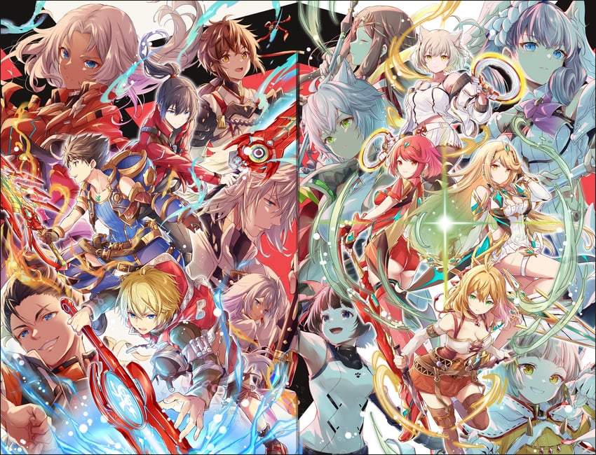 pyra, mythra, nia, rex, mio, and 12 more (xenoblade chronicles and 6 more) drawn by ui_frara