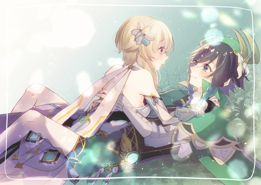 lumine and venti (genshin impact) drawn by mozu_(mz_0810)