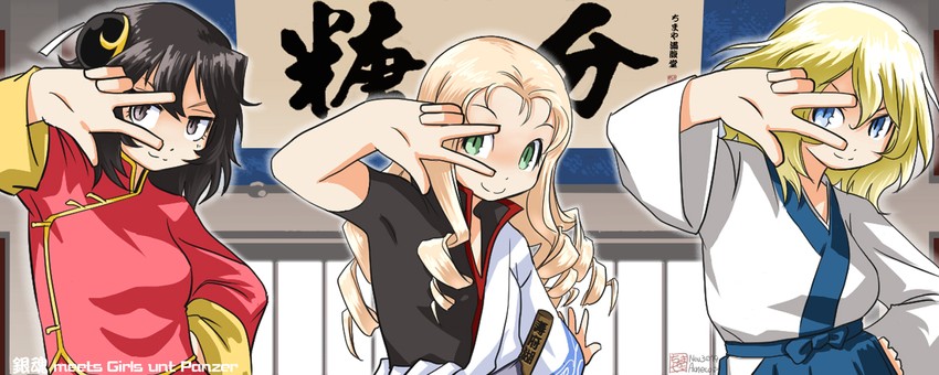 sakata gintoki, andou, kagura, oshida, marie, and 1 more (girls und panzer and 1 more) drawn by aoneco
