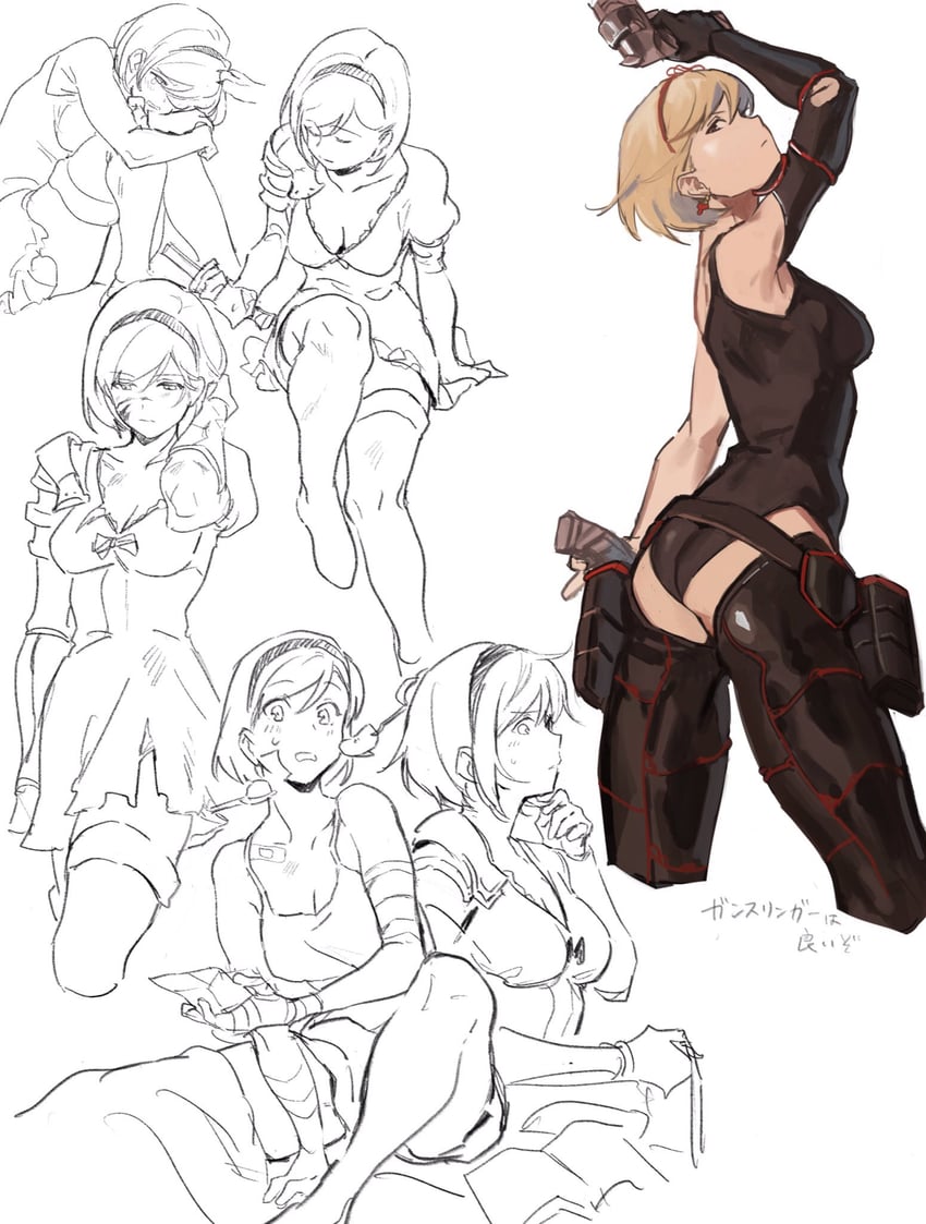 djeeta, fighter, and gunslinger (granblue fantasy) drawn by hashibiro_kou_(garapiko_p)