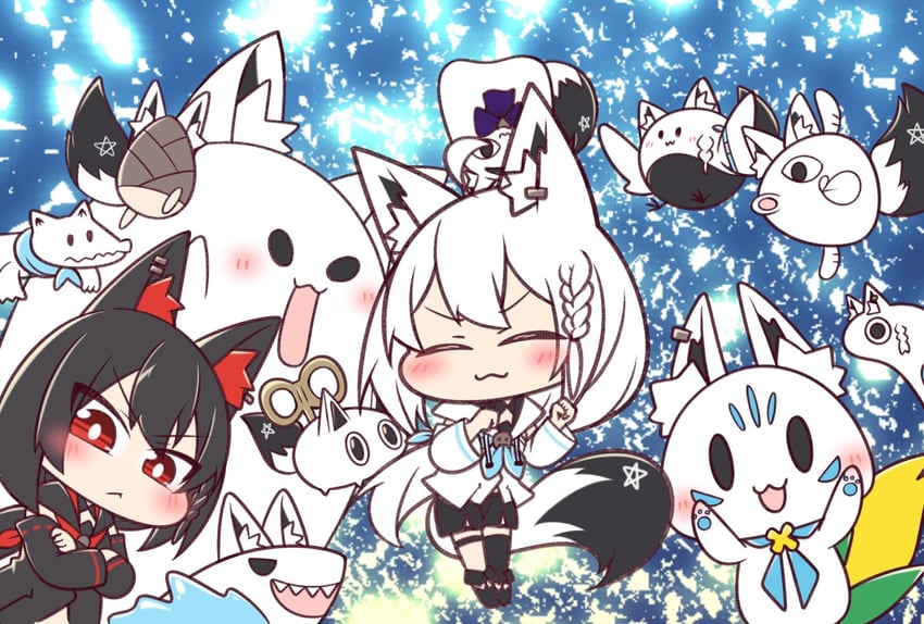 shirakami fubuki, kurokami fubuki, sukonbu, miteiru, oruyanke, and 3 more (hololive) drawn by papironto7007