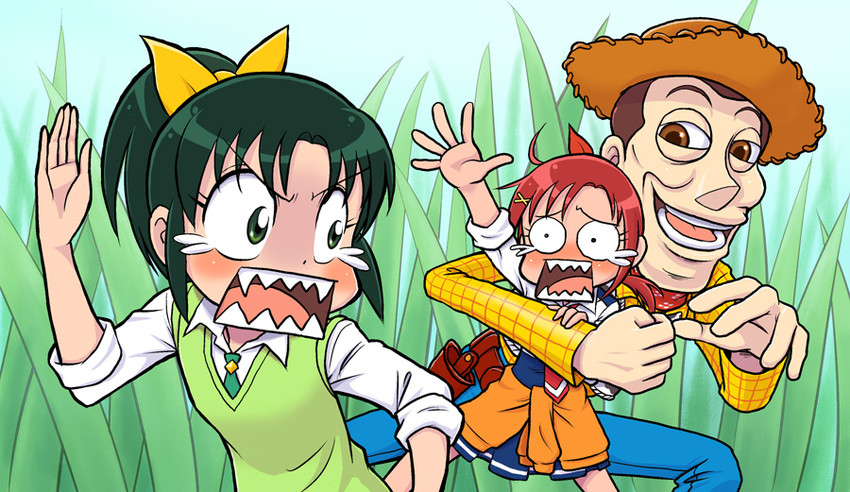midorikawa nao, hino akane, and sheriff woody (precure and 2 more) drawn by mochi-iri_kinchaku