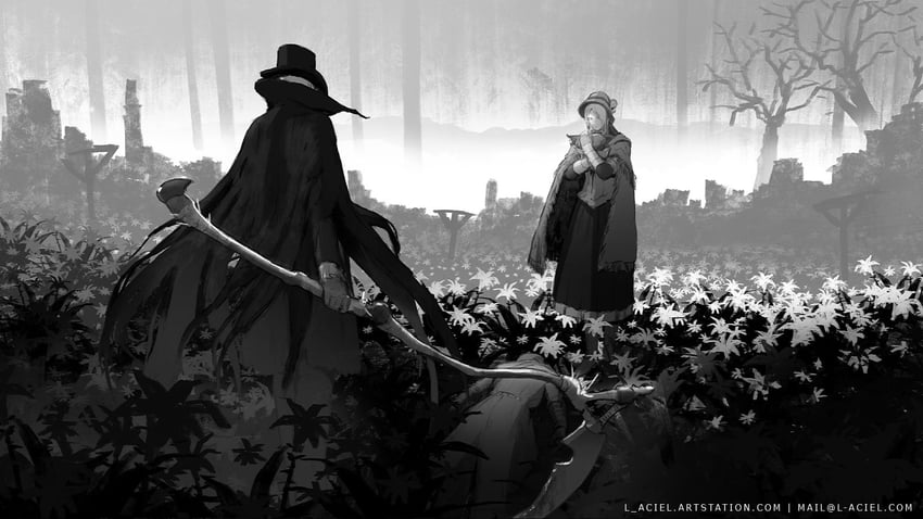 hunter, plain doll, and gehrman the first hunter (bloodborne) drawn by l_aciel