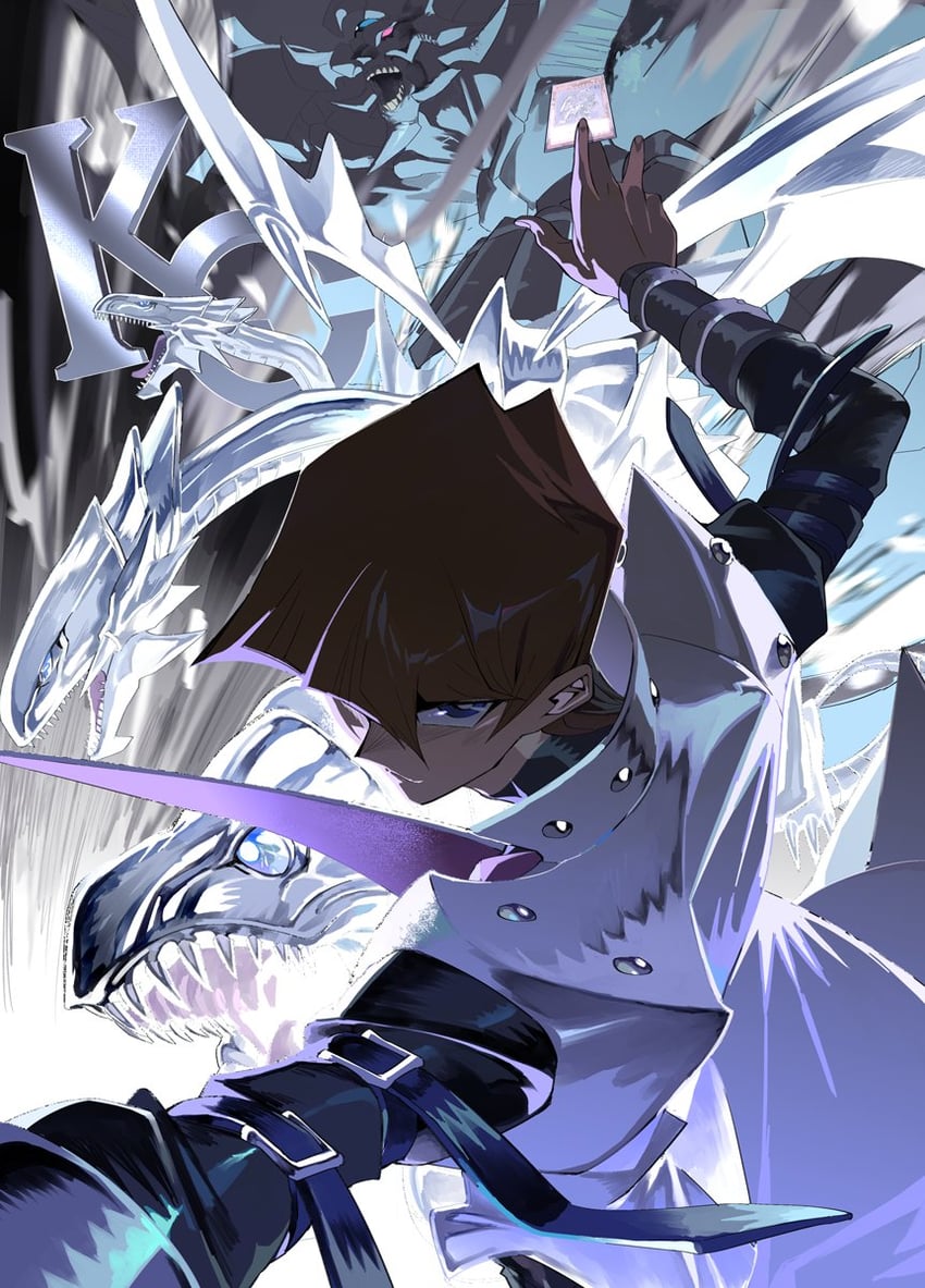 kaiba seto, obelisk the tormentor, and blue-eyes ultimate dragon (yu-gi-oh! and 1 more) drawn by e_volution