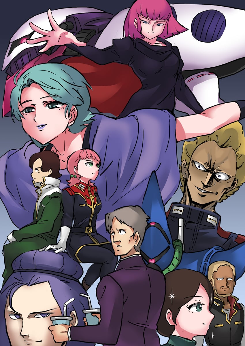 haman karn, qubeley, four murasame, emma sheen, paptimus scirocco, and 5 more (gundam and 1 more) drawn by samidare_satsuki