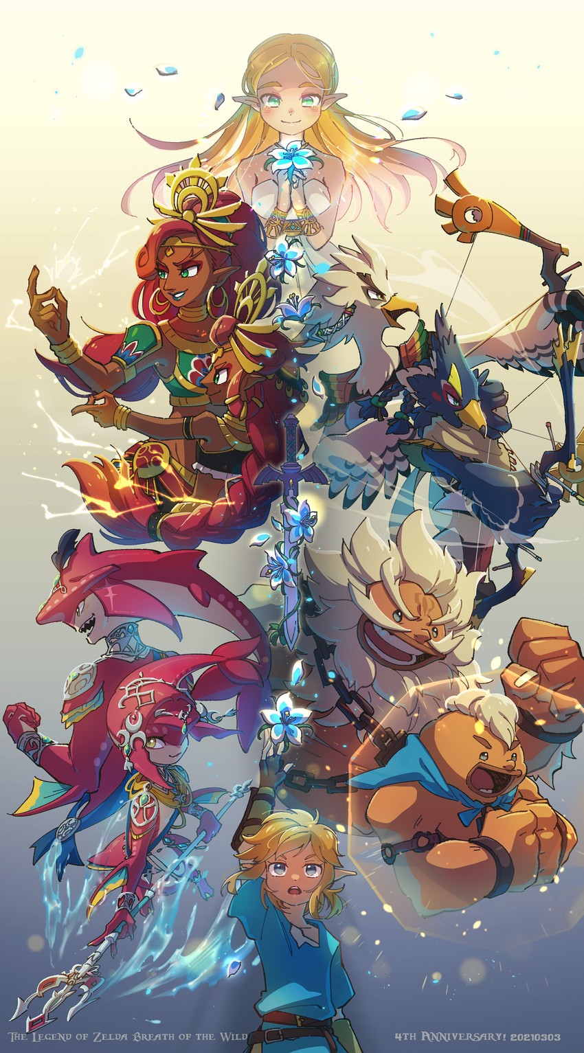 link, princess zelda, mipha, sidon, urbosa, and 5 more (the legend of zelda and 1 more) drawn by ukata