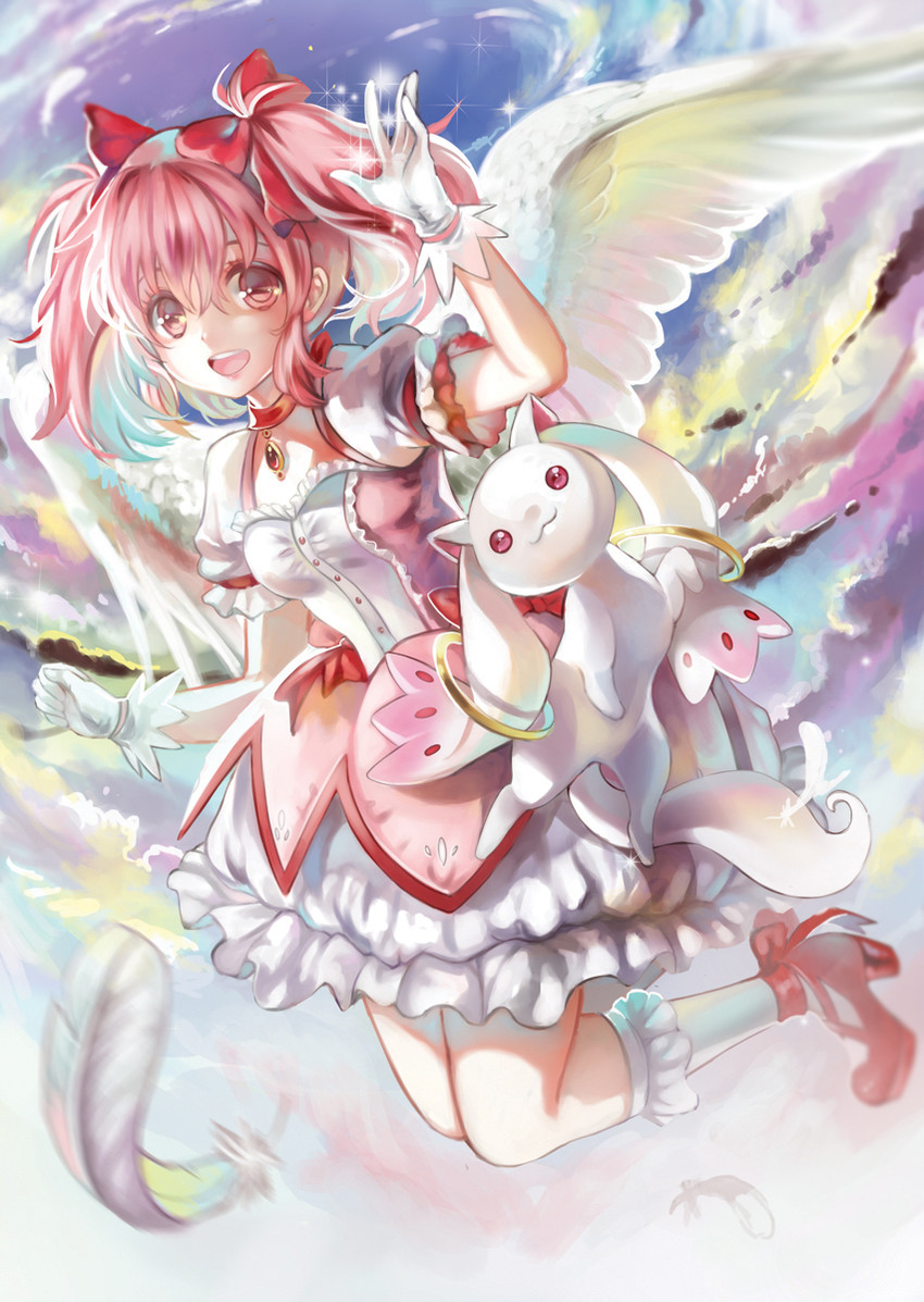 kaname madoka and kyubey (mahou shoujo madoka magica) drawn by syncaidia