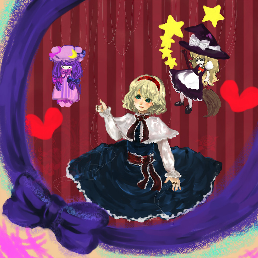 kirisame marisa, alice margatroid, and patchouli knowledge (touhou) drawn by chiri_(o9o9)